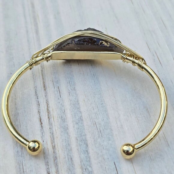 Smoky Quartz ✦ Leaf Wire Wrap Cuff ✦ 14Kt Gold Over Copper w/ Sculptural Crystal - Picture 9 of 12